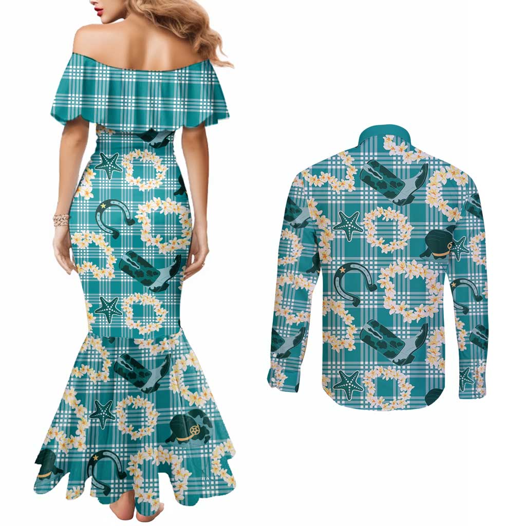 Aloha Hawaii Paniolo Teal Palaka Couples Matching Mermaid Dress and Long Sleeve Button Shirt Coastal Rodeo LT7 - Polynesian Pride