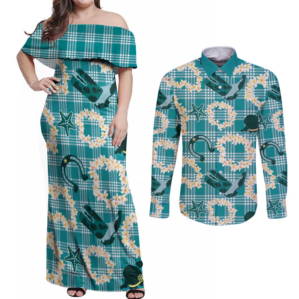 Aloha Hawaii Paniolo Teal Palaka Couples Matching Off Shoulder Maxi Dress and Long Sleeve Button Shirt Coastal Rodeo LT7 Teal - Polynesian Pride