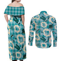 Aloha Hawaii Paniolo Teal Palaka Couples Matching Off Shoulder Maxi Dress and Long Sleeve Button Shirt Coastal Rodeo LT7 - Polynesian Pride