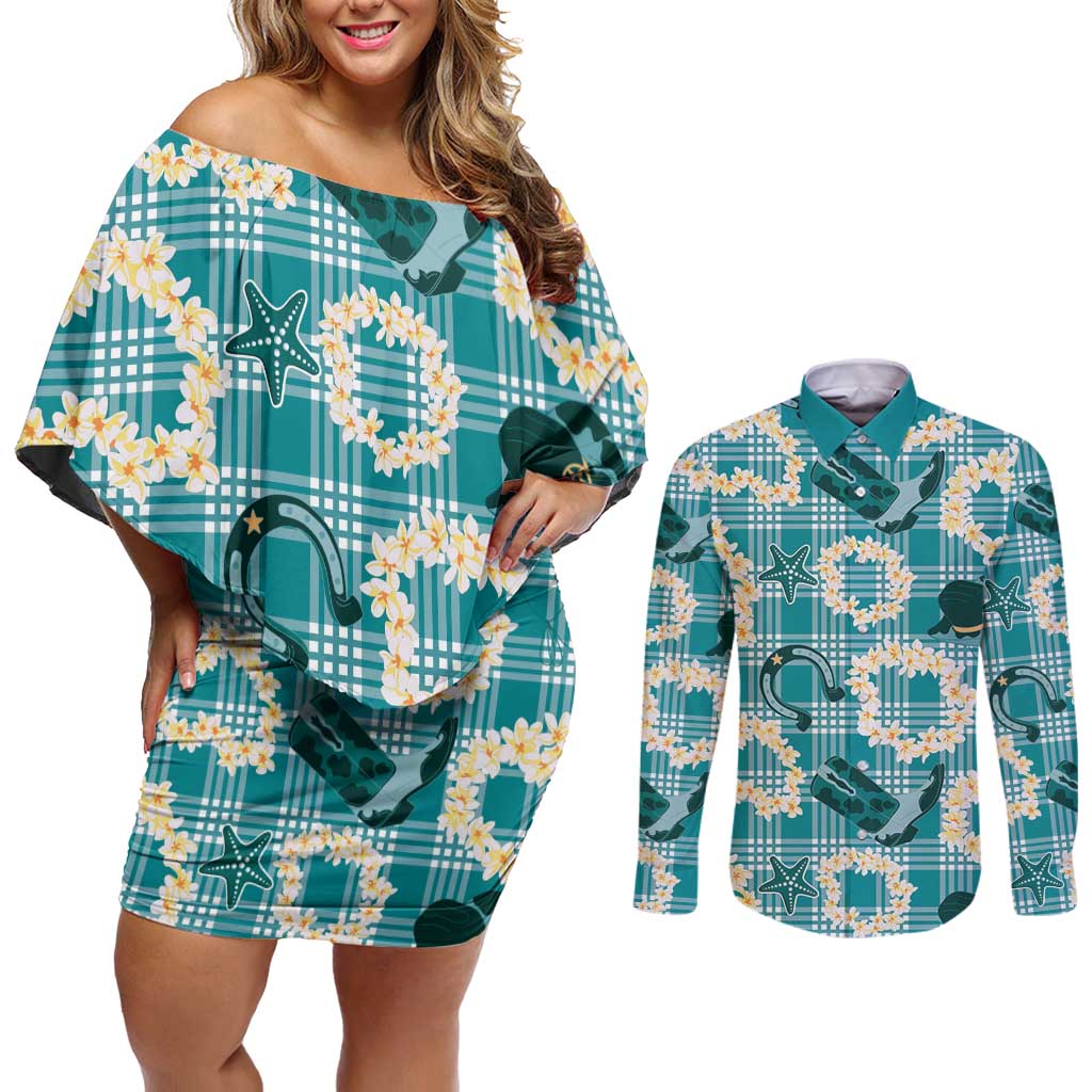 Aloha Hawaii Paniolo Teal Palaka Couples Matching Off Shoulder Short Dress and Long Sleeve Button Shirt Coastal Rodeo LT7 Teal - Polynesian Pride