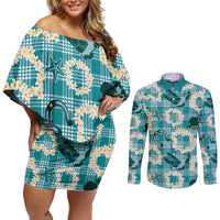 Aloha Hawaii Paniolo Teal Palaka Couples Matching Off Shoulder Short Dress and Long Sleeve Button Shirt Coastal Rodeo LT7 Teal - Polynesian Pride