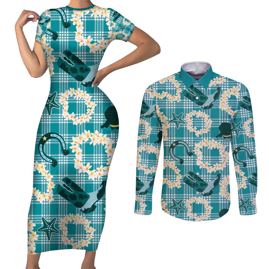 Aloha Hawaii Paniolo Teal Palaka Couples Matching Short Sleeve Bodycon Dress and Long Sleeve Button Shirt Coastal Rodeo LT7 Teal - Polynesian Pride