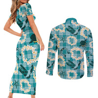 Aloha Hawaii Paniolo Teal Palaka Couples Matching Short Sleeve Bodycon Dress and Long Sleeve Button Shirt Coastal Rodeo LT7 - Polynesian Pride
