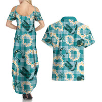 Aloha Hawaii Paniolo Teal Palaka Couples Matching Summer Maxi Dress and Hawaiian Shirt Coastal Rodeo LT7 - Polynesian Pride