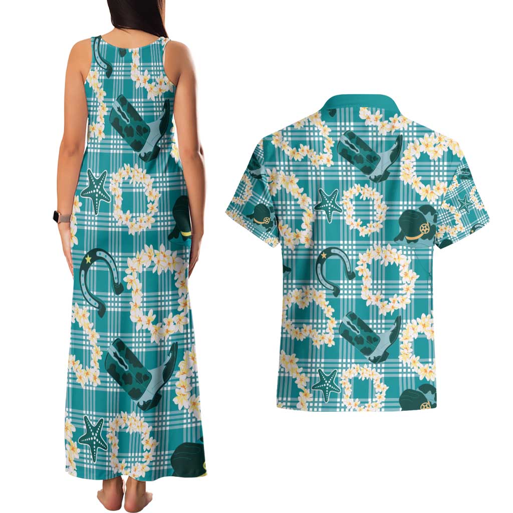 Aloha Hawaii Paniolo Teal Palaka Couples Matching Tank Maxi Dress and Hawaiian Shirt Coastal Rodeo LT7 - Polynesian Pride
