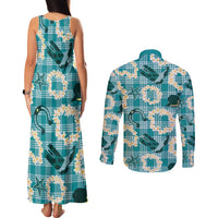 Aloha Hawaii Paniolo Teal Palaka Couples Matching Tank Maxi Dress and Long Sleeve Button Shirt Coastal Rodeo LT7 - Polynesian Pride