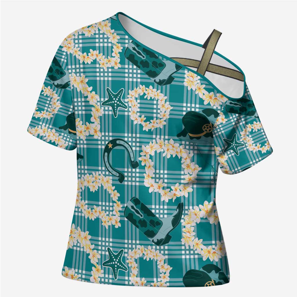 Aloha Hawaii Paniolo Teal Palaka Cross Shoulder Shirt Coastal Rodeo - Polynesian Pride