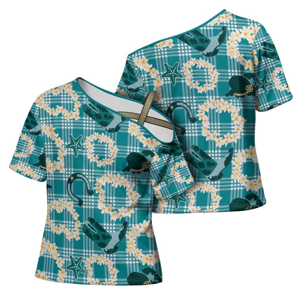 Aloha Hawaii Paniolo Teal Palaka Cross Shoulder Shirt Coastal Rodeo - Polynesian Pride