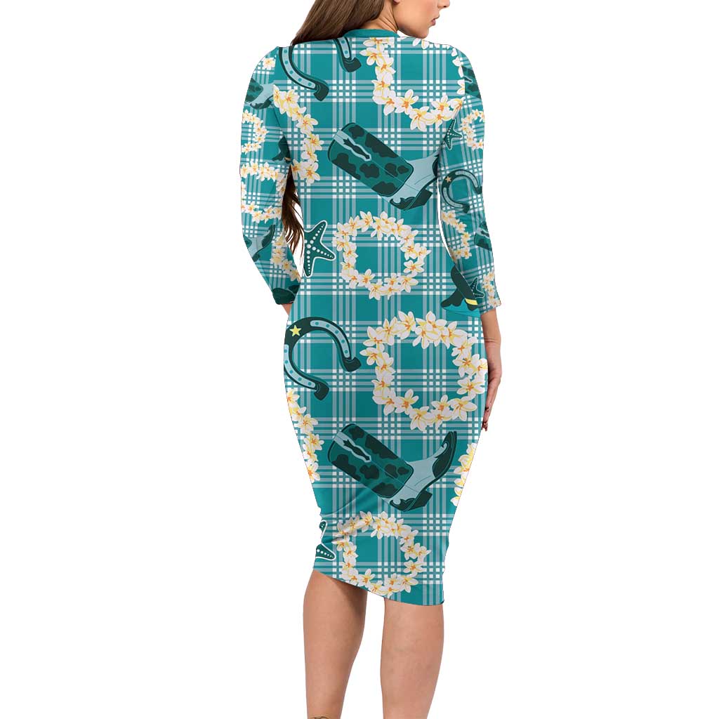 Aloha Hawaii Paniolo Teal Palaka Family Matching Long Sleeve Bodycon Dress and Hawaiian Shirt Coastal Rodeo - Polynesian Pride