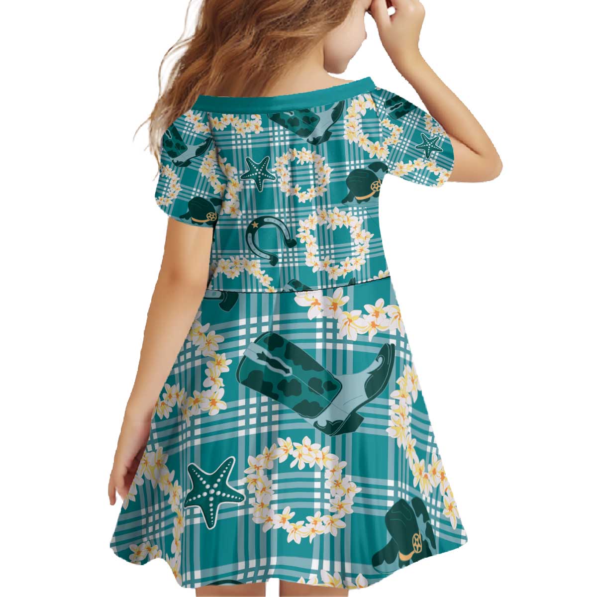 Aloha Hawaii Paniolo Teal Palaka Family Matching Off The Shoulder Long Sleeve Dress and Hawaiian Shirt Coastal Rodeo LT7 - Polynesian Pride