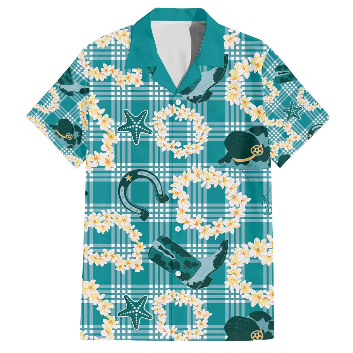 Aloha Hawaii Paniolo Teal Palaka Family Matching Off The Shoulder Long Sleeve Dress and Hawaiian Shirt Coastal Rodeo LT7 Dad's Shirt - Short Sleeve Teal - Polynesian Pride
