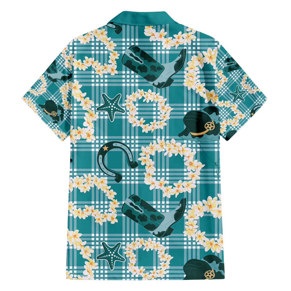 Aloha Hawaii Paniolo Teal Palaka Family Matching Off The Shoulder Long Sleeve Dress and Hawaiian Shirt Coastal Rodeo LT7 - Polynesian Pride