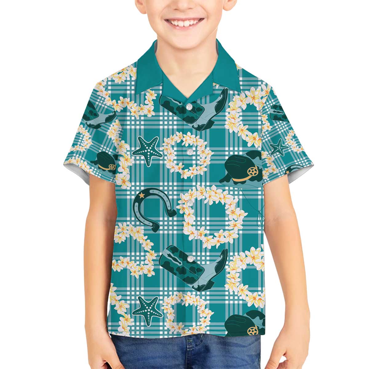 Aloha Hawaii Paniolo Teal Palaka Family Matching Off The Shoulder Long Sleeve Dress and Hawaiian Shirt Coastal Rodeo LT7 Son's Shirt Teal - Polynesian Pride