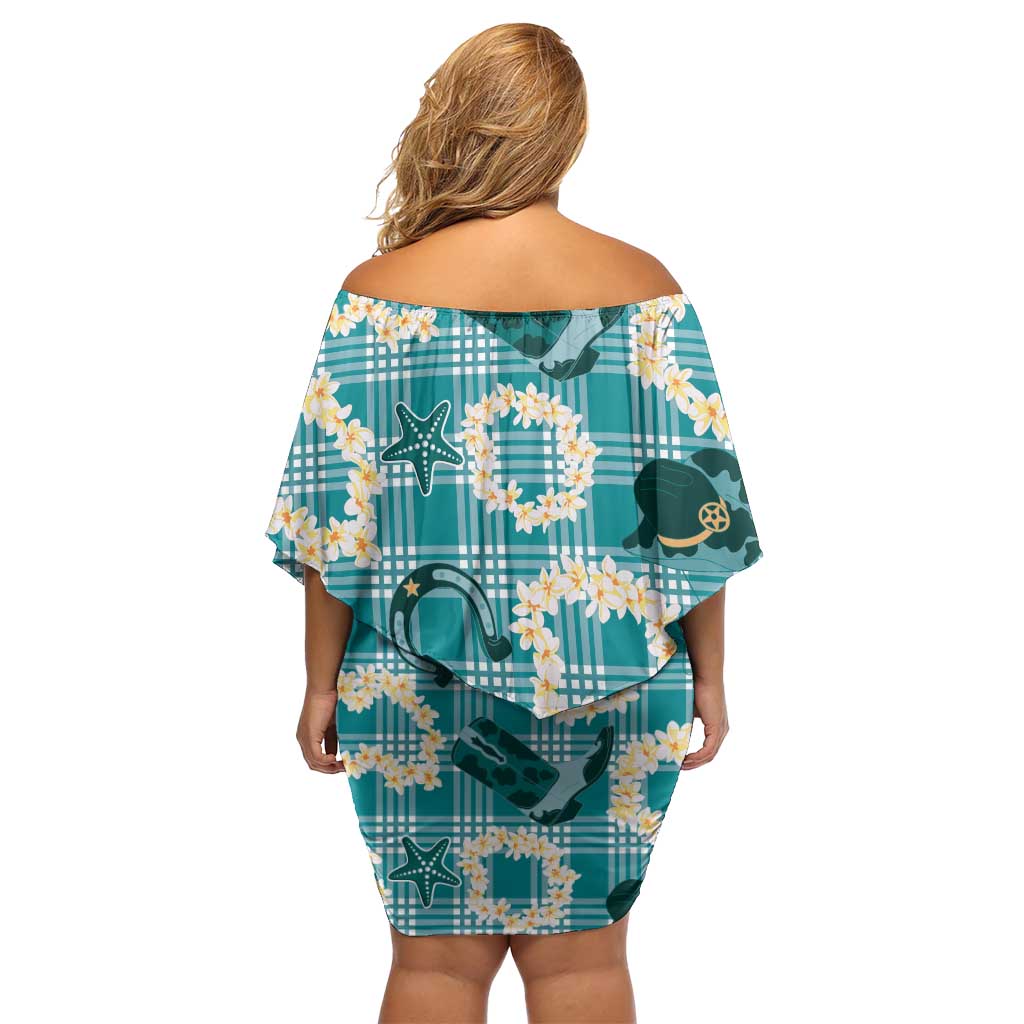 Aloha Hawaii Paniolo Teal Palaka Family Matching Off Shoulder Short Dress and Hawaiian Shirt Coastal Rodeo - Polynesian Pride