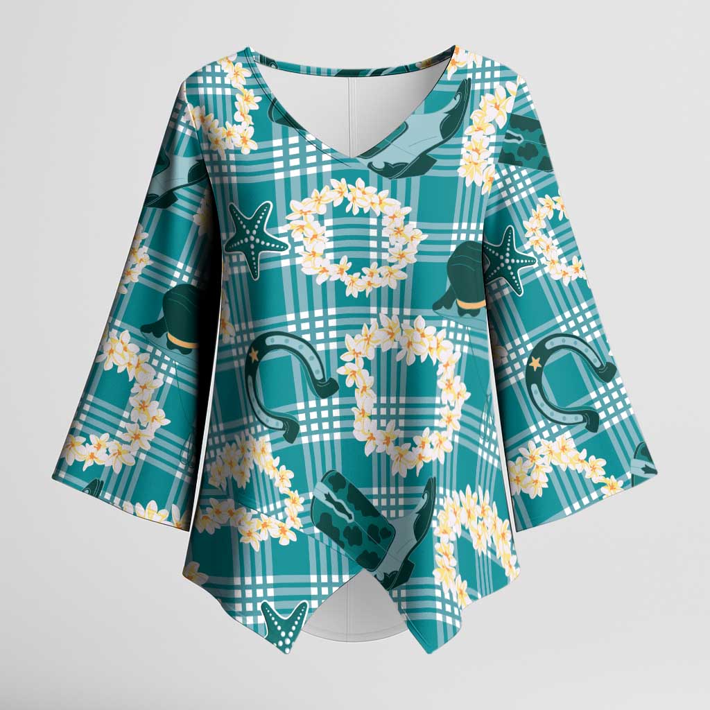 Aloha Hawaii Paniolo Teal Palaka Kimono Sleeve Blouse Coastal Rodeo - Polynesian Pride