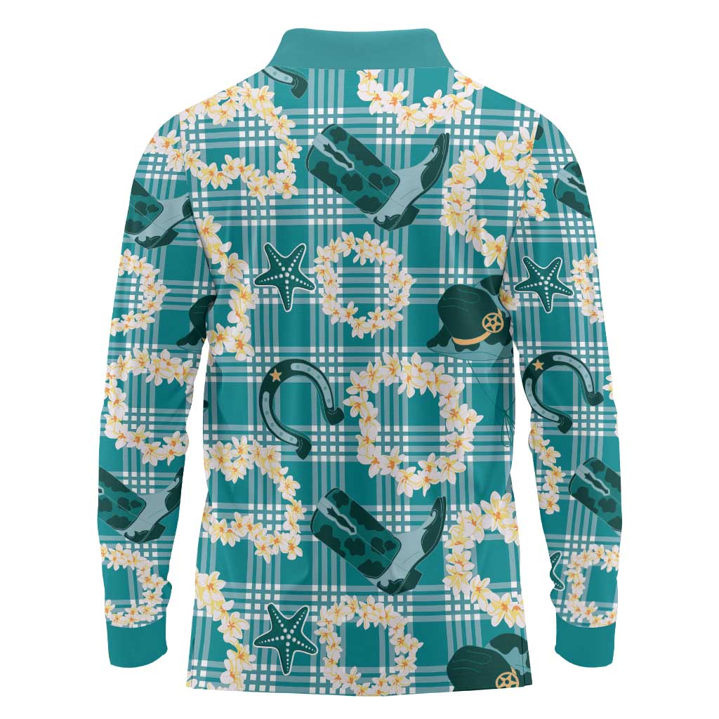 Aloha Hawaii Paniolo Teal Palaka Long Sleeve Polo Shirt Coastal Rodeo - Polynesian Pride