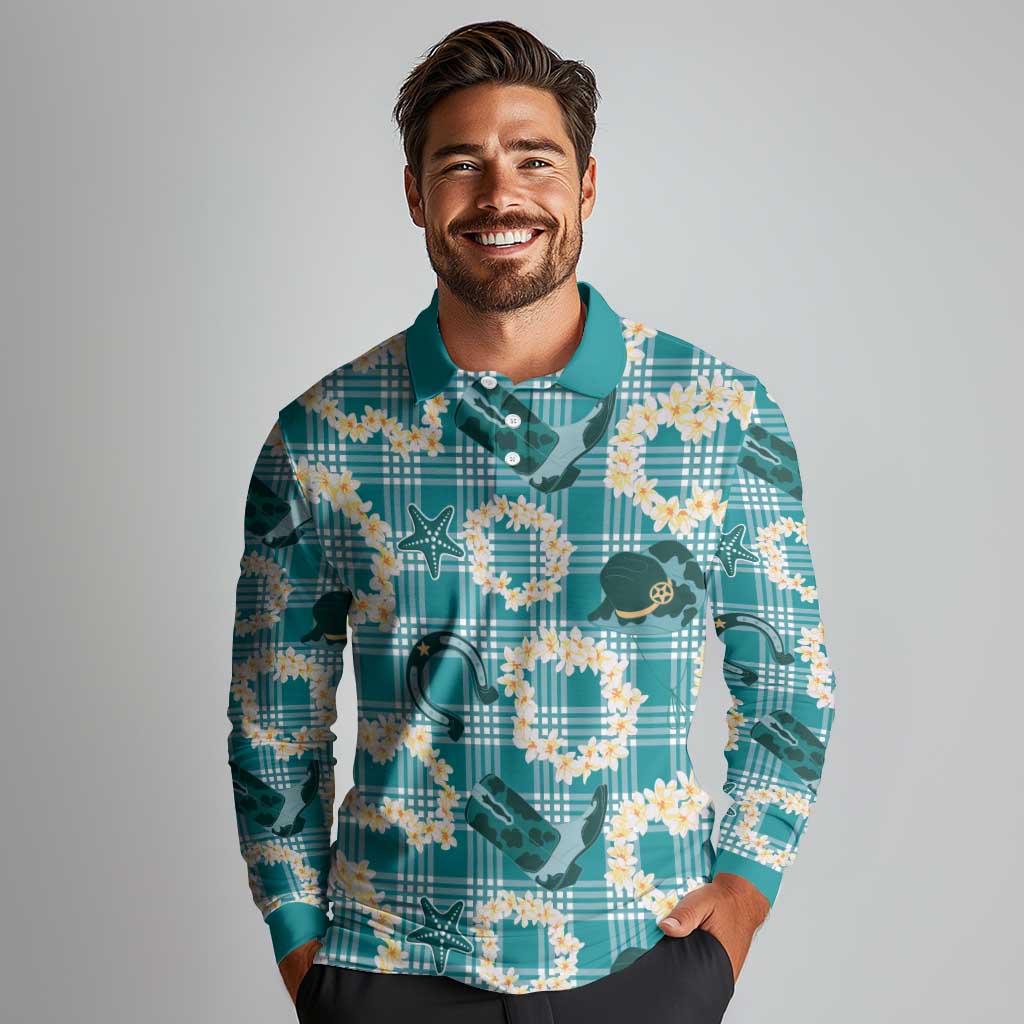 Aloha Hawaii Paniolo Teal Palaka Long Sleeve Polo Shirt Coastal Rodeo - Polynesian Pride