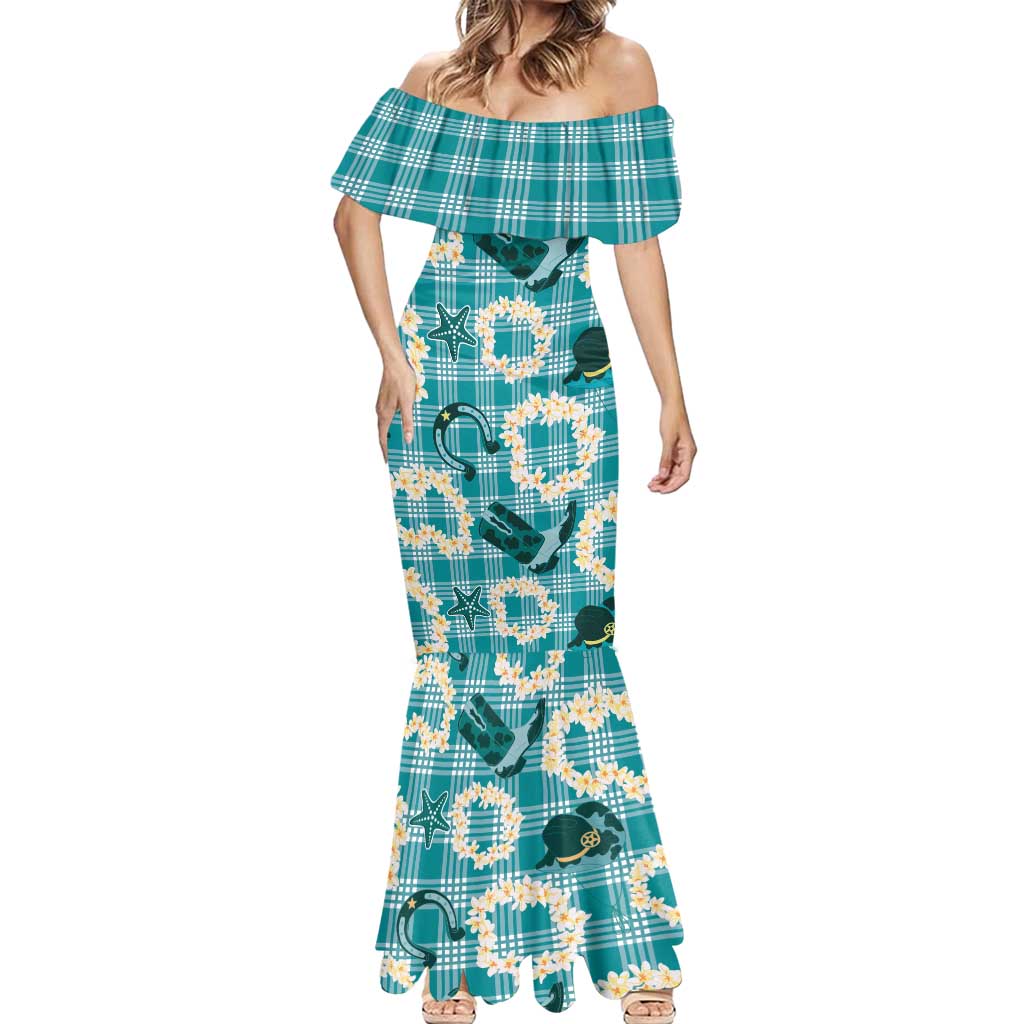 Aloha Hawaii Paniolo Teal Palaka Mermaid Dress Coastal Rodeo LT7 - Polynesian Pride