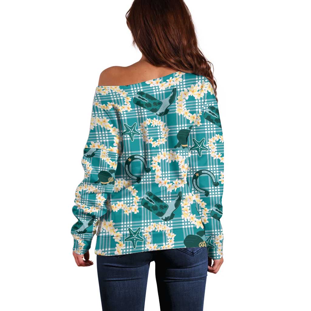 Aloha Hawaii Paniolo Teal Palaka Off Shoulder Sweater Coastal Rodeo - Polynesian Pride