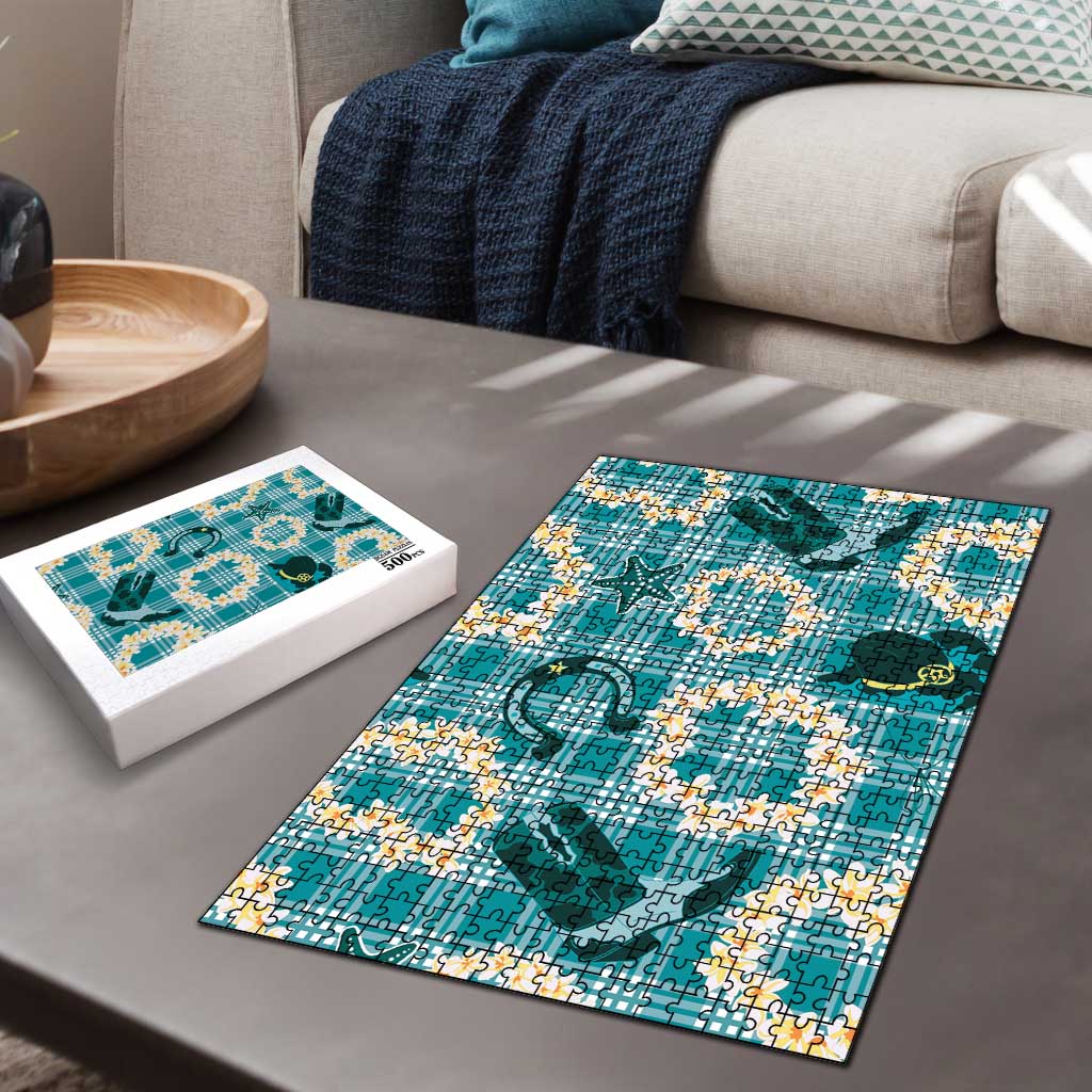 Aloha Hawaii Paniolo Teal Palaka Puzzle Coastal Rodeo - Polynesian Pride