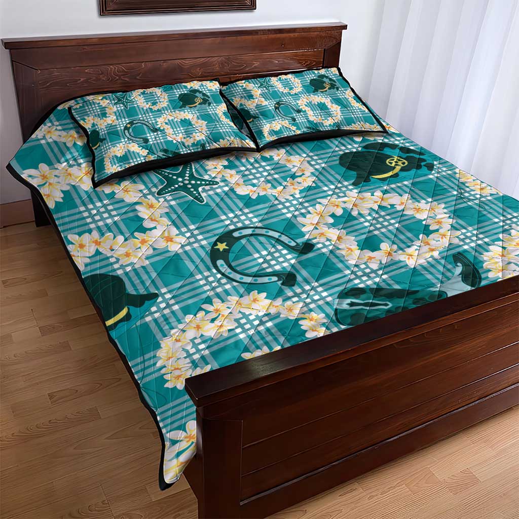 Aloha Hawaii Paniolo Teal Palaka Quilt Bed Set Coastal Rodeo - Polynesian Pride