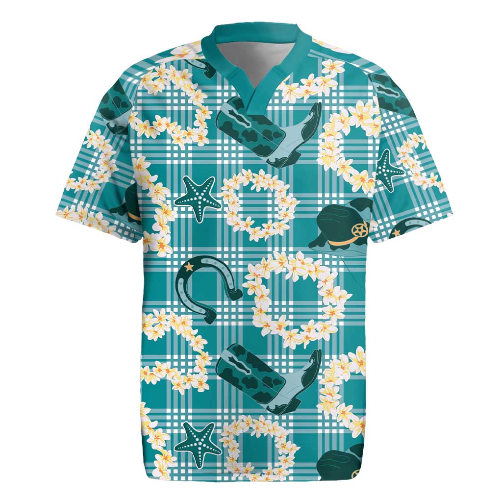 Aloha Hawaii Paniolo Teal Palaka Rugby Jersey Coastal Rodeo - Polynesian Pride