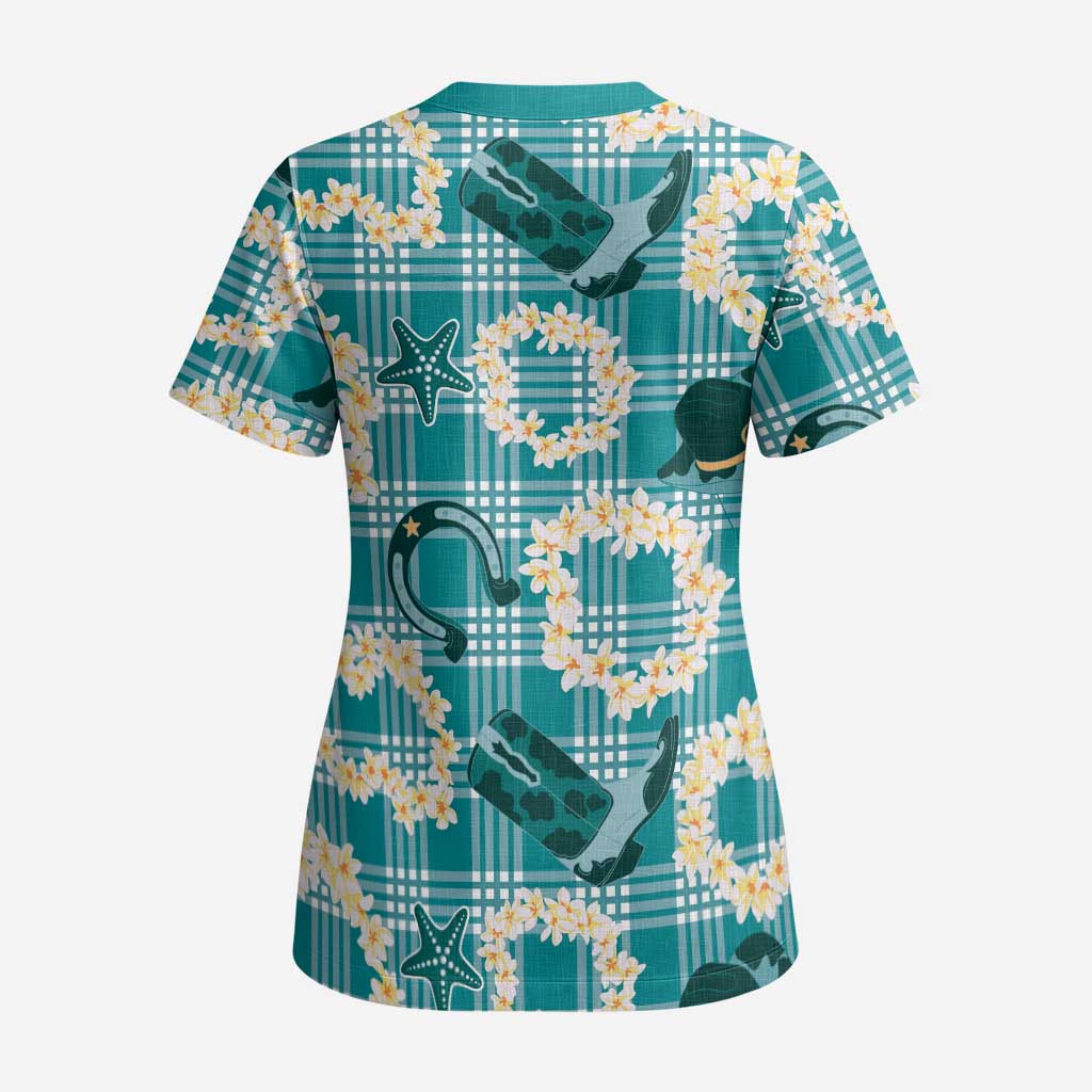 Aloha Hawaii Paniolo Teal Palaka Scrub Top Coastal Rodeo - Polynesian Pride