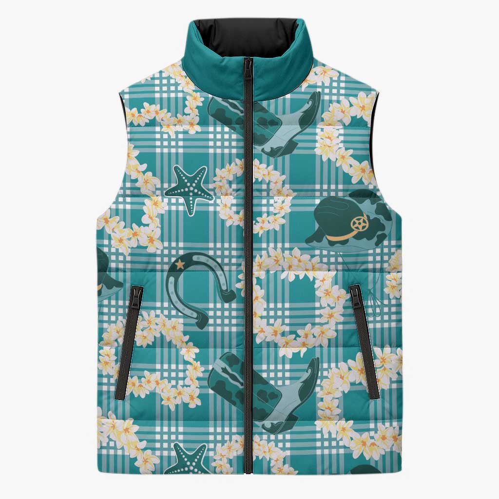 Aloha Hawaii Paniolo Teal Palaka Sleeveless Puffer Jacket Coastal Rodeo - Polynesian Pride