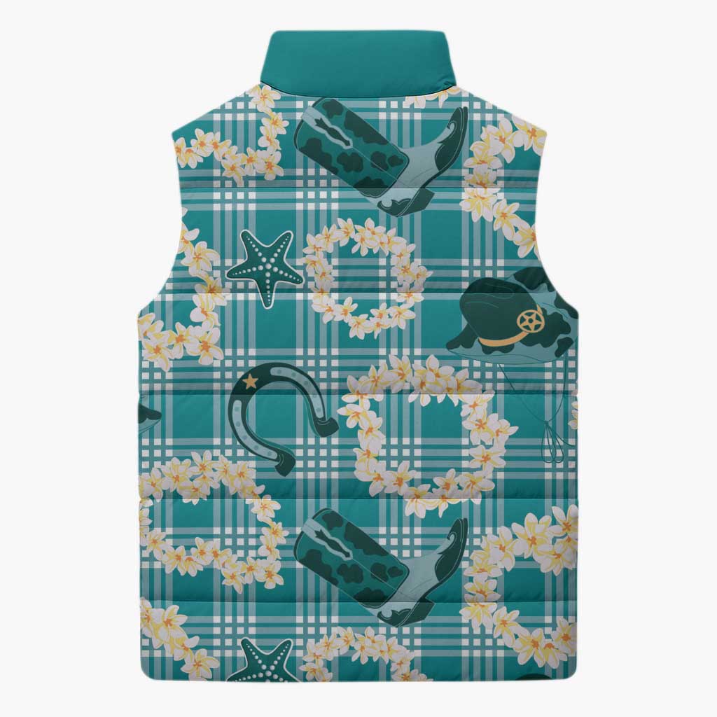 Aloha Hawaii Paniolo Teal Palaka Sleeveless Puffer Jacket Coastal Rodeo - Polynesian Pride