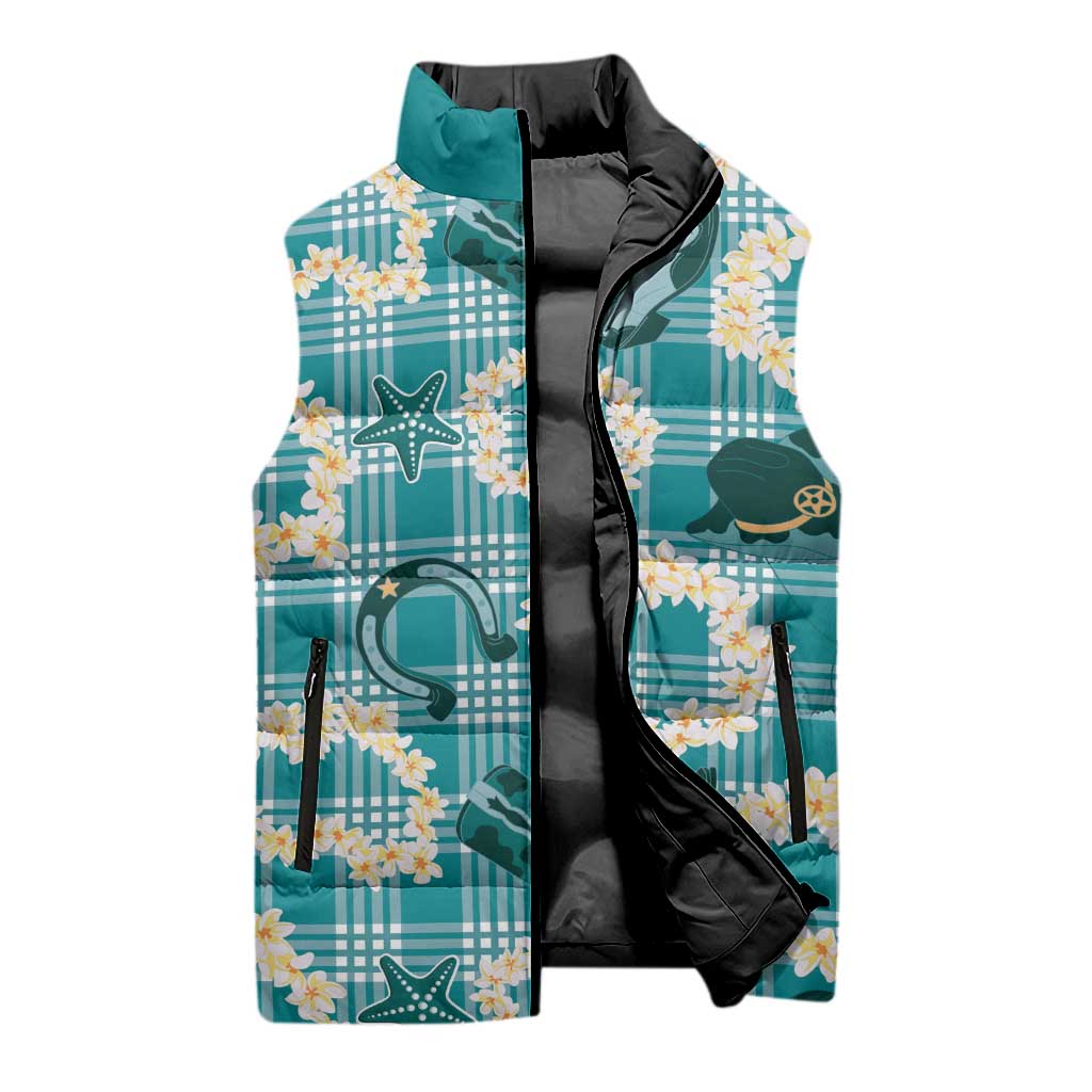 Aloha Hawaii Paniolo Teal Palaka Sleeveless Puffer Jacket Coastal Rodeo - Polynesian Pride