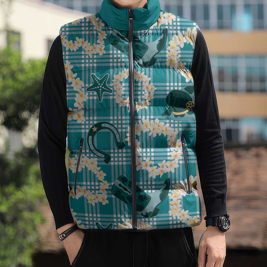 Aloha Hawaii Paniolo Teal Palaka Sleeveless Puffer Jacket Coastal Rodeo - Polynesian Pride
