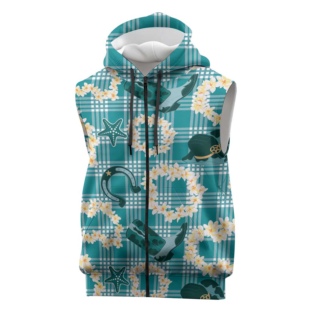 Aloha Hawaii Paniolo Teal Palaka Sleeveless Zip Hoodie Coastal Rodeo LT7