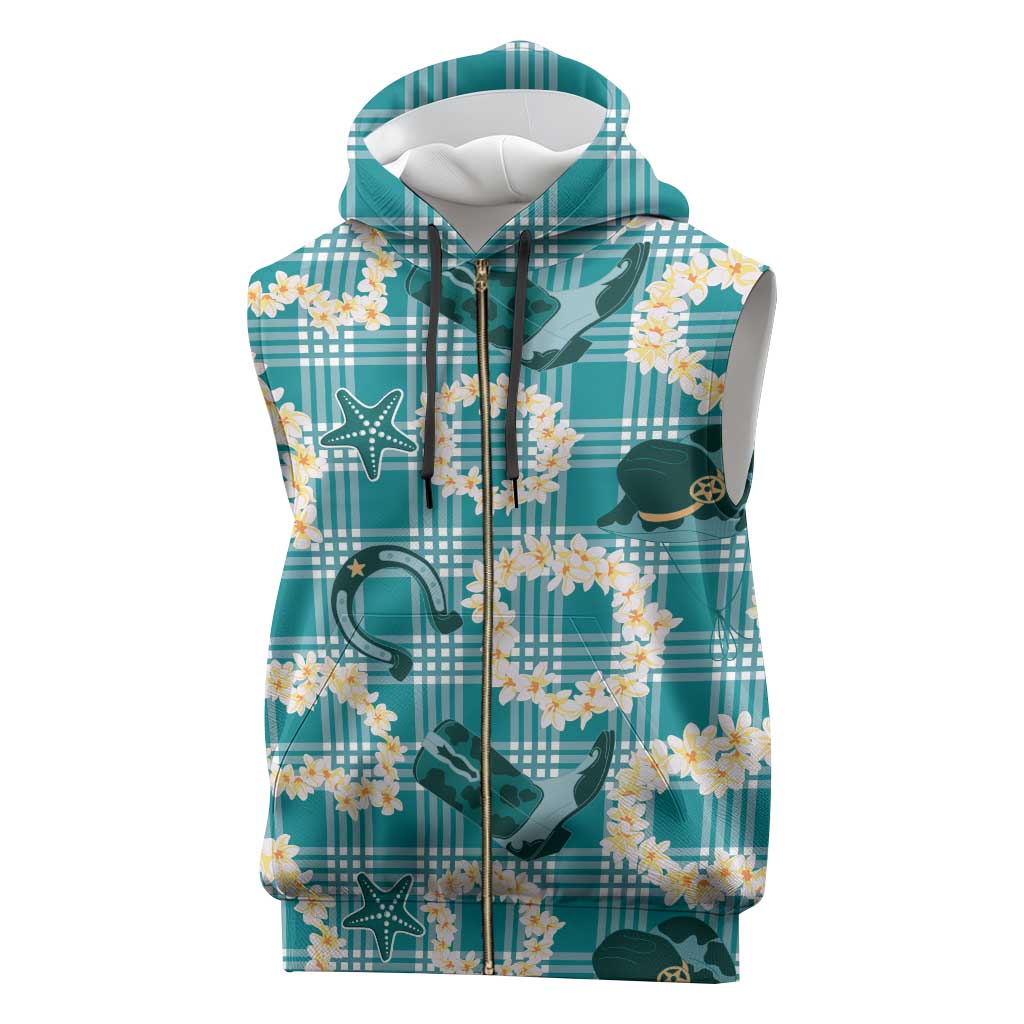 Aloha Hawaii Paniolo Teal Palaka Sleeveless Zip Hoodie Coastal Rodeo - Polynesian Pride