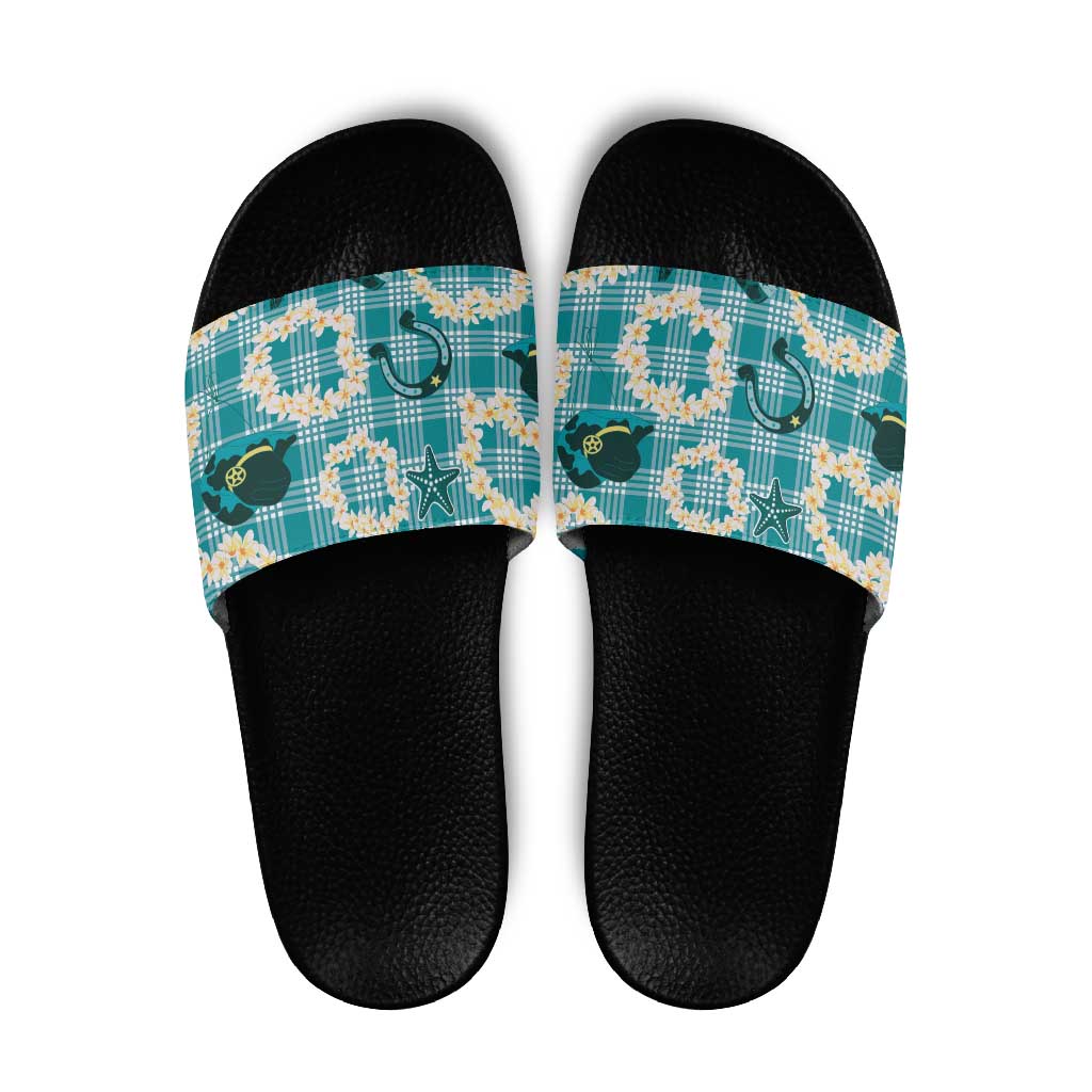Aloha Hawaii Paniolo Teal Palaka Slide Sandals Coastal Rodeo - Polynesian Pride