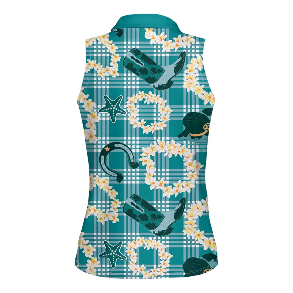 Aloha Hawaii Paniolo Teal Palaka Women Sleeveless Polo Shirt Coastal Rodeo - Polynesian Pride