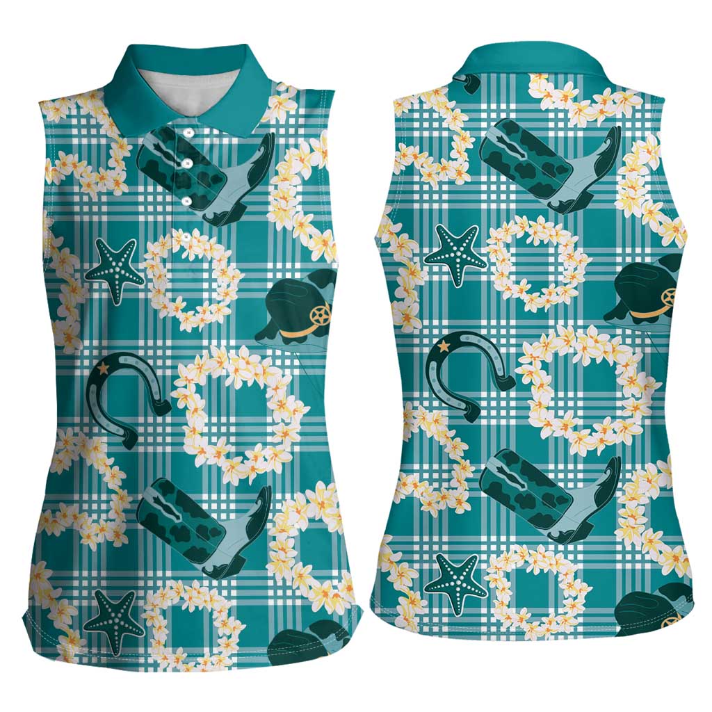 Aloha Hawaii Paniolo Teal Palaka Women Sleeveless Polo Shirt Coastal Rodeo - Polynesian Pride