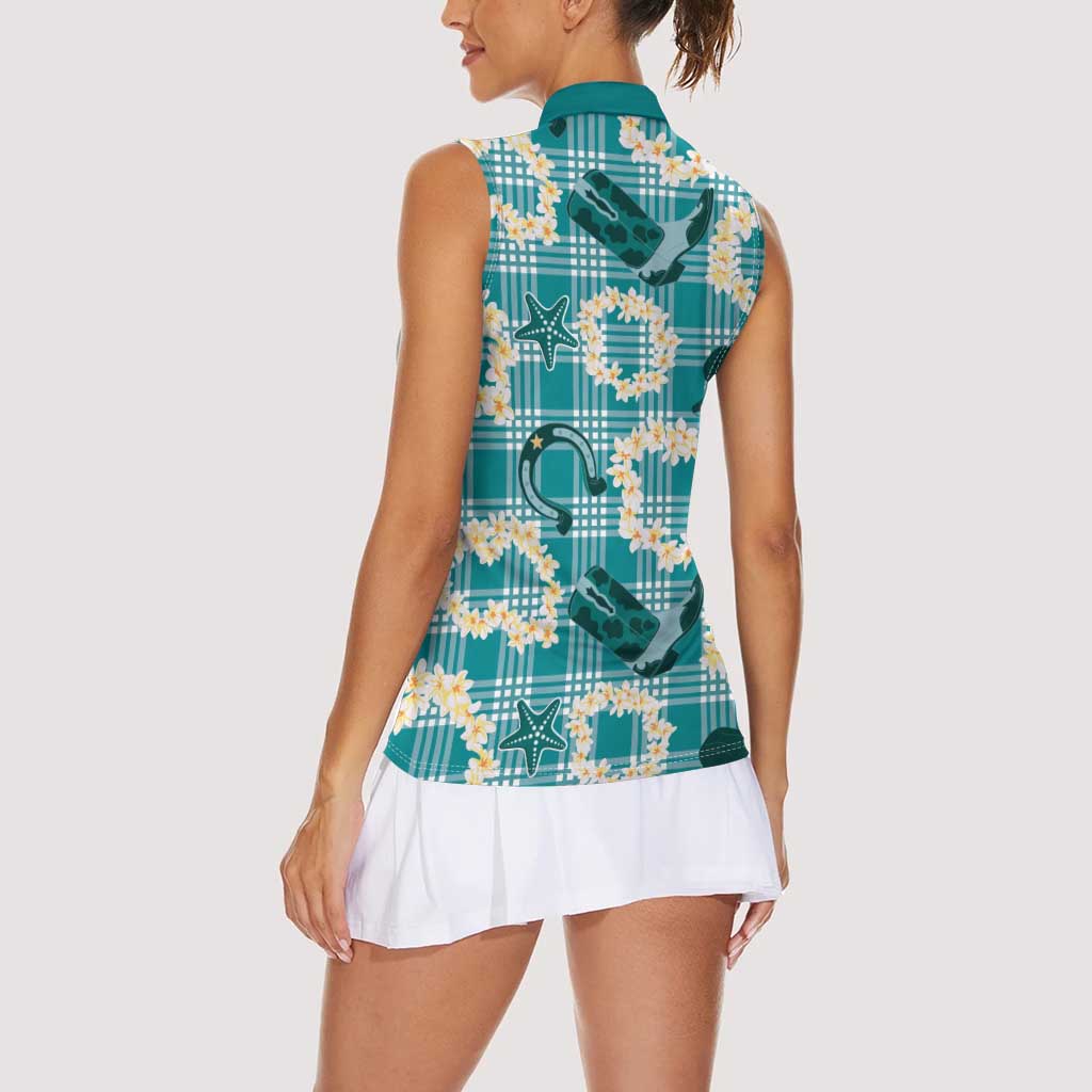 Aloha Hawaii Paniolo Teal Palaka Women Sleeveless Polo Shirt Coastal Rodeo - Polynesian Pride