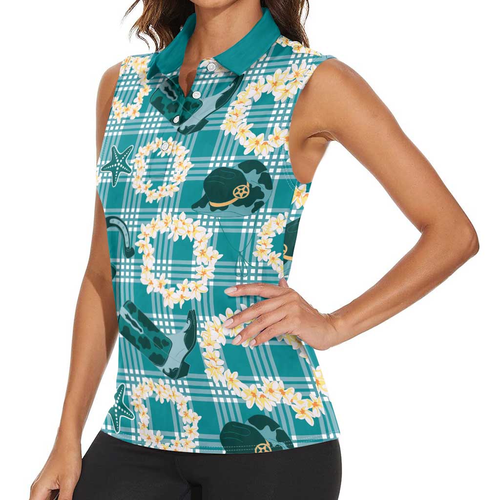 Aloha Hawaii Paniolo Teal Palaka Women Sleeveless Polo Shirt Coastal Rodeo - Polynesian Pride