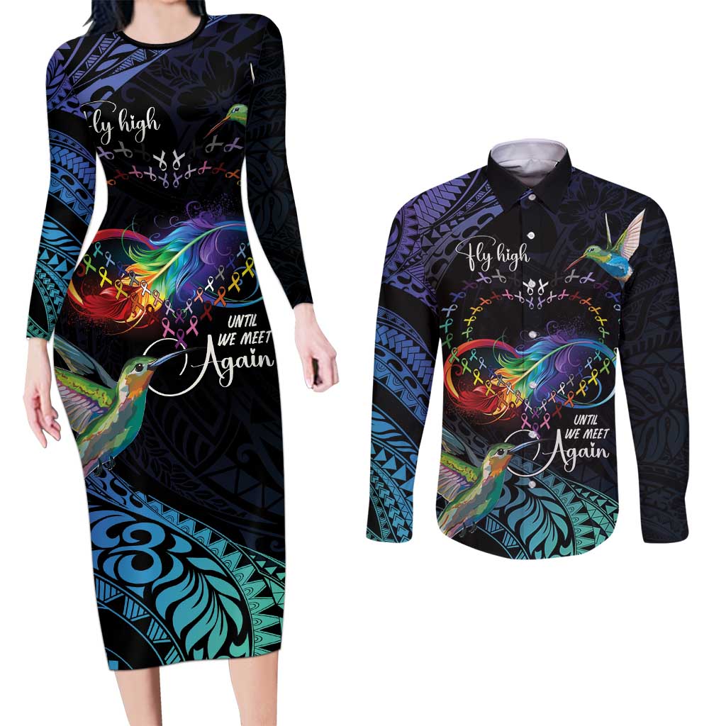 Polynesian Cancers Awareness Couples Matching Long Sleeve Bodycon Dress and Long Sleeve Button Shirt Hummingbird - Fly High Until We Meet Again