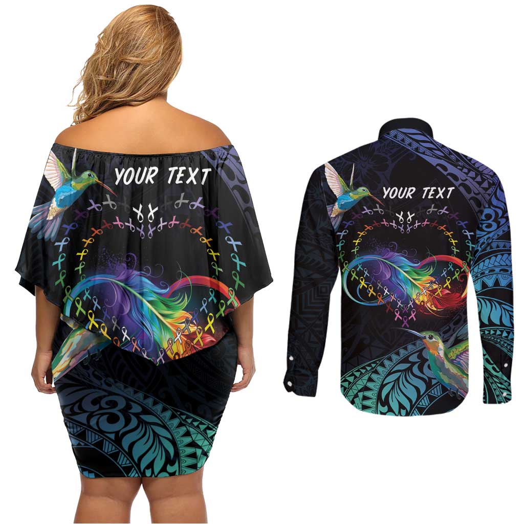 Polynesian Cancers Awareness Couples Matching Off Shoulder Short Dress and Long Sleeve Button Shirt Hummingbird - Fly High Until We Meet Again