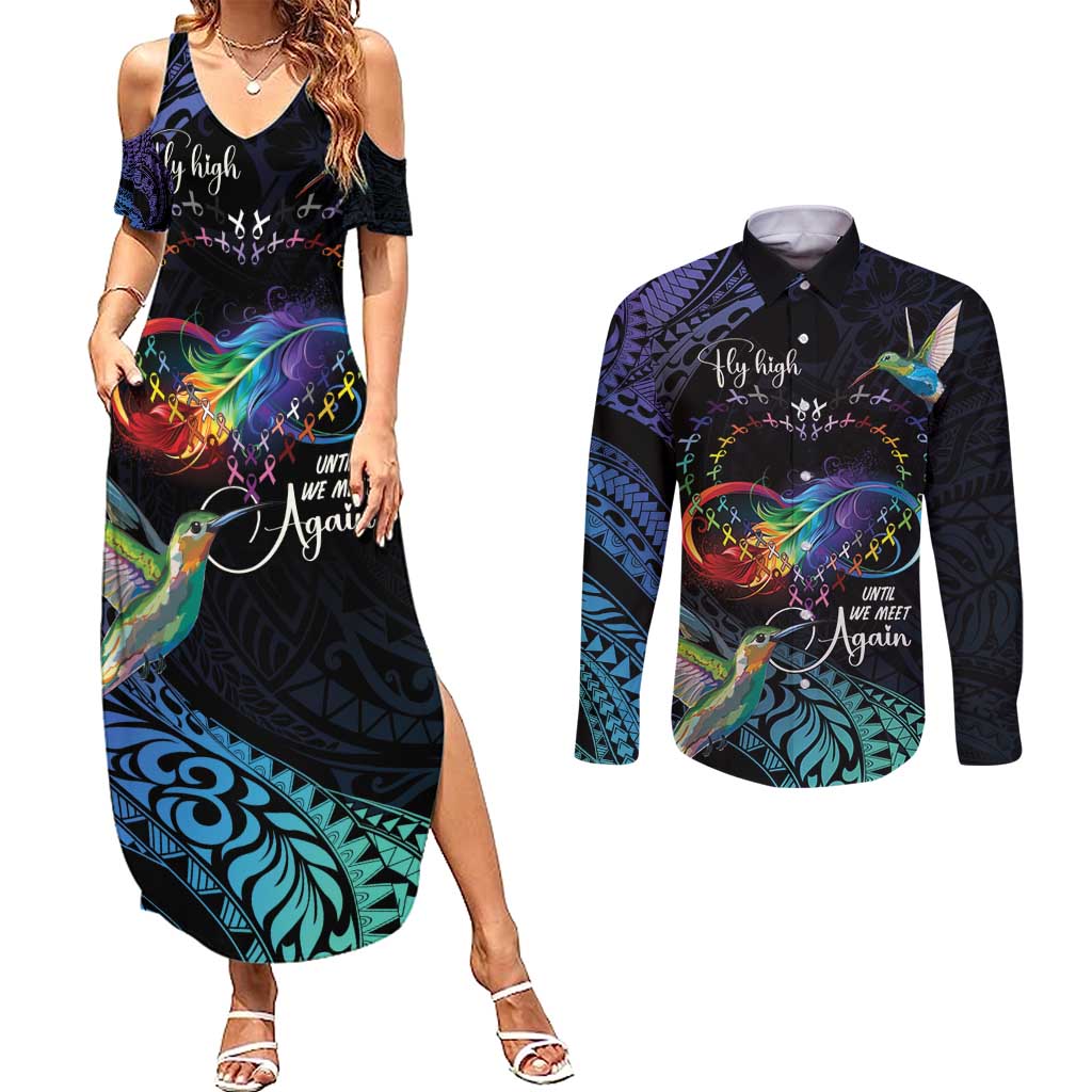 Polynesian Cancers Awareness Couples Matching Summer Maxi Dress and Long Sleeve Button Shirt Hummingbird - Fly High Until We Meet Again