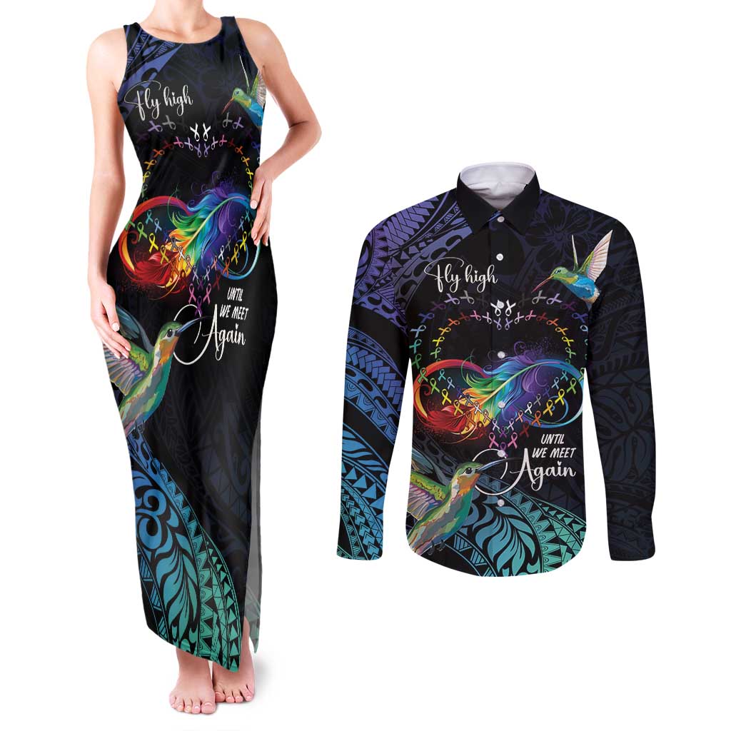 Polynesian Cancers Awareness Couples Matching Tank Maxi Dress and Long Sleeve Button Shirt Hummingbird - Fly High Until We Meet Again