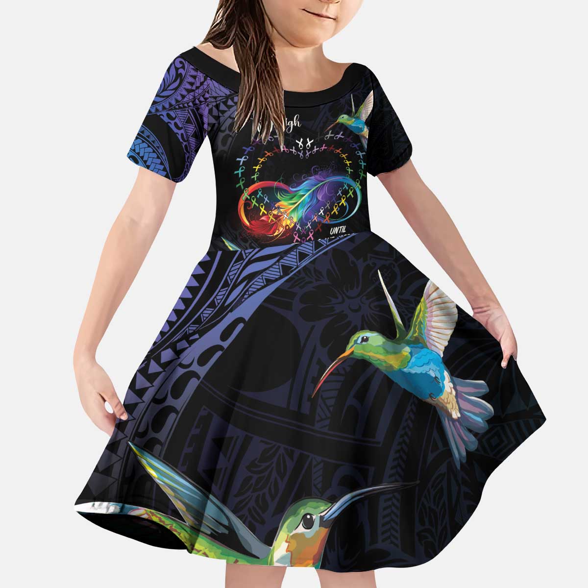 Polynesian Cancers Awareness Kid Short Sleeve Dress Hummingbird - Fly High Until We Meet Again