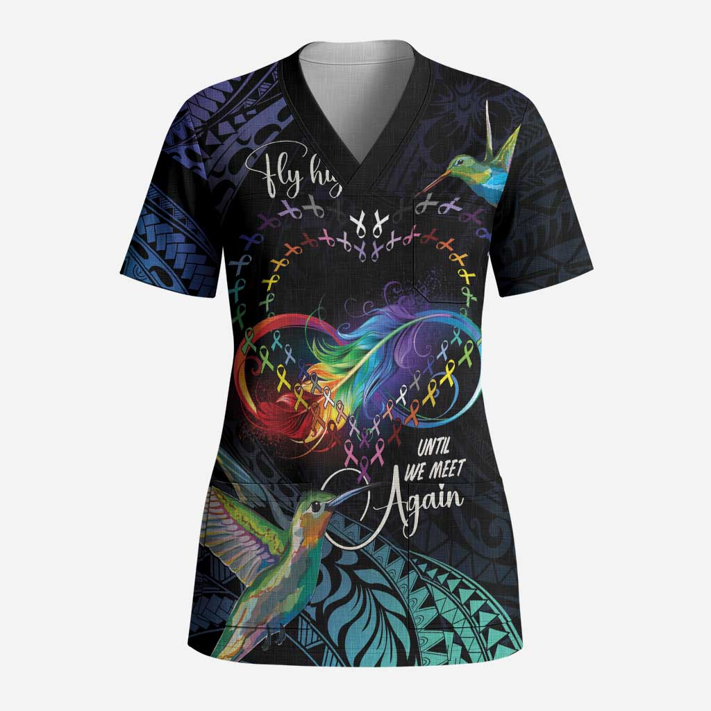 Polynesian Cancers Awareness Scrub Top Hummingbird - Fly High Until We Meet Again - Polynesian Pride