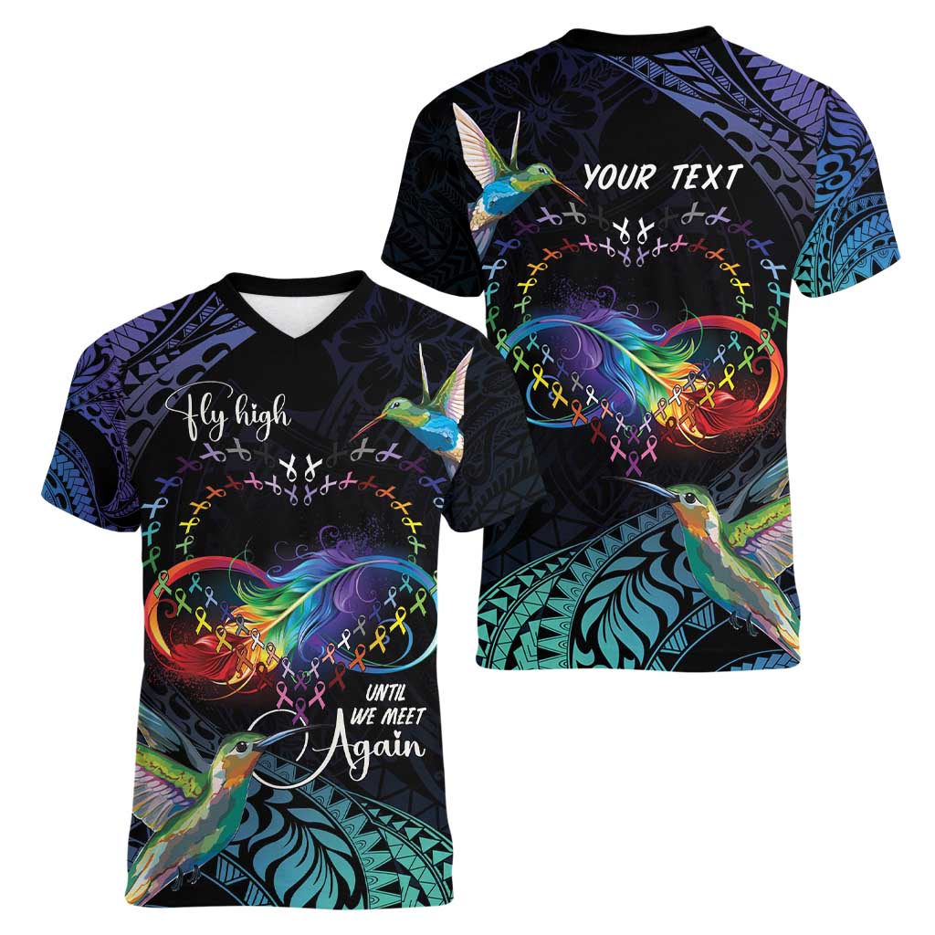 Polynesian Cancers Awareness Women V-Neck T-Shirt Hummingbird - Fly High Until We Meet Again
