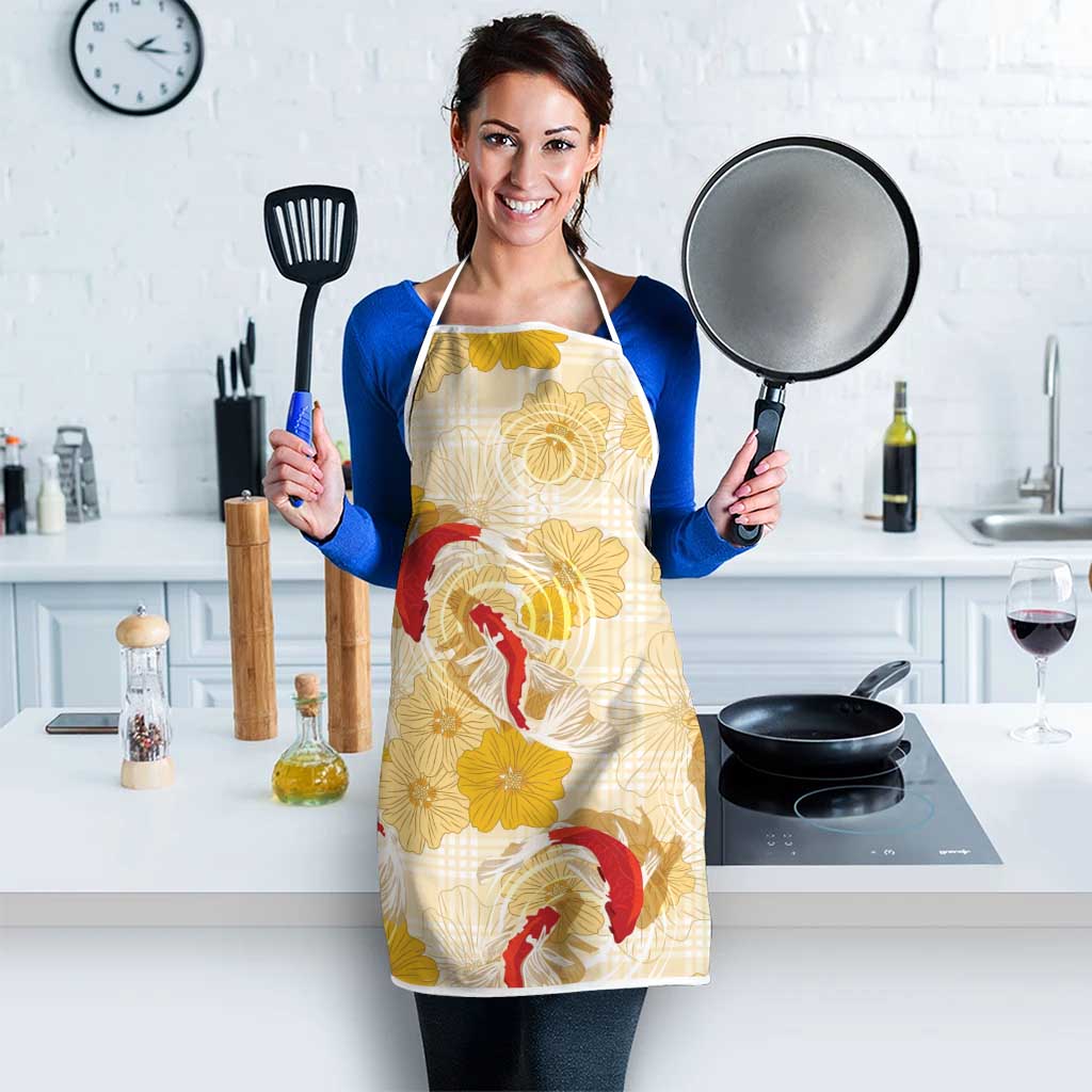 Beige Palaka Hawaii Aloha Apron Koi Pond Mix Ilima Flowers - Polynesian Pride