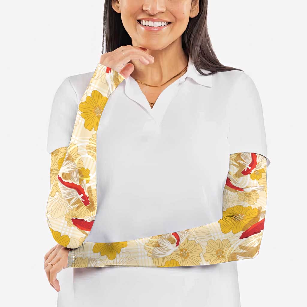 Beige Palaka Hawaii Aloha Arm Sleeves Koi Pond Mix Ilima Flowers - Polynesian Pride