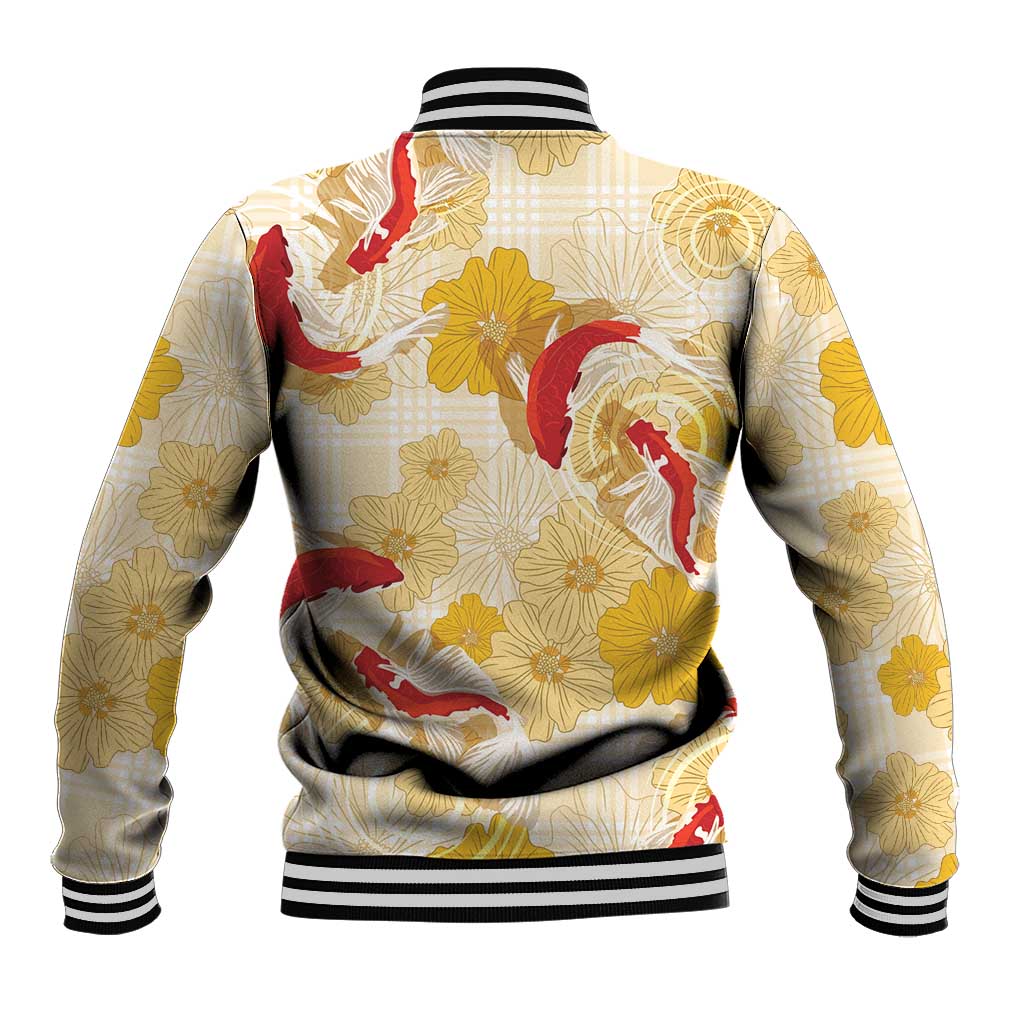 Beige Palaka Hawaii Aloha Baseball Jacket Koi Pond Mix Ilima Flowers - Polynesian Pride