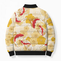 Beige Palaka Hawaii Aloha Bomber Puffer Jacket Koi Pond Mix Ilima Flowers - Polynesian Pride