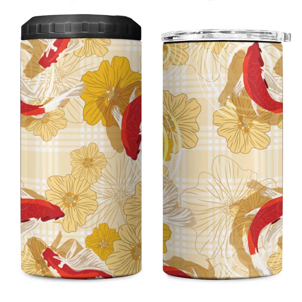 Beige Palaka Hawaii Aloha 4 in 1 Can Cooler Tumbler Koi Pond Mix Ilima Flowers - Polynesian Pride